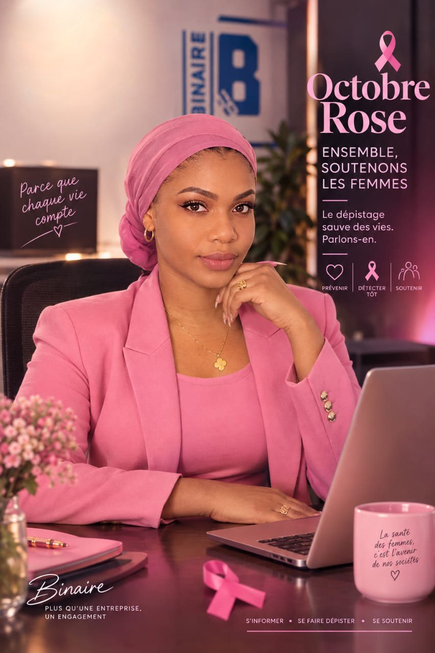 Affiche Octobre Rose de BINAIRE : ensemble, soutenons les femmes. Le dépistage sauve des vies, parlons-en.