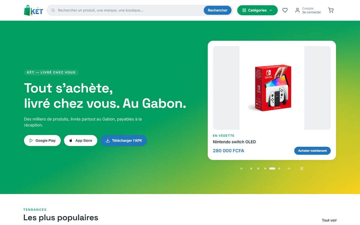 Page d’accueil de KÈT, boutique en ligne livrée au Gabon