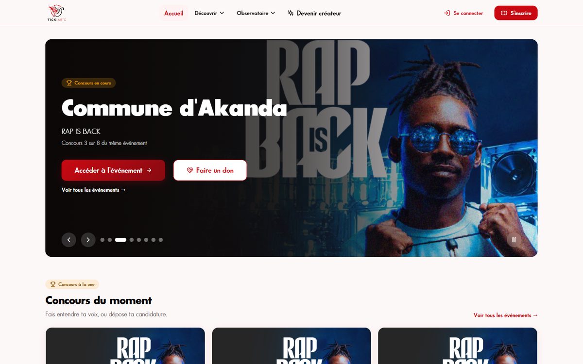 Page d’accueil de TICK’ARTS, billetterie en ligne